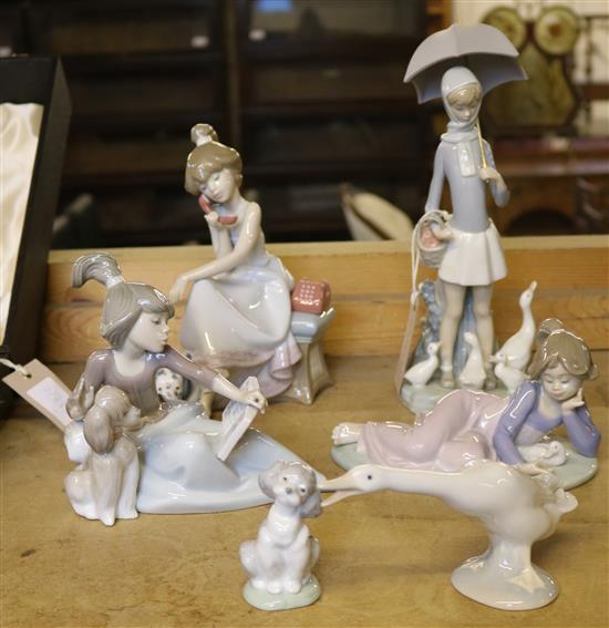 6 Lladro figs: Playful friends, Lesson shared, Chitchat, Umbrella, Geese goose & a dog